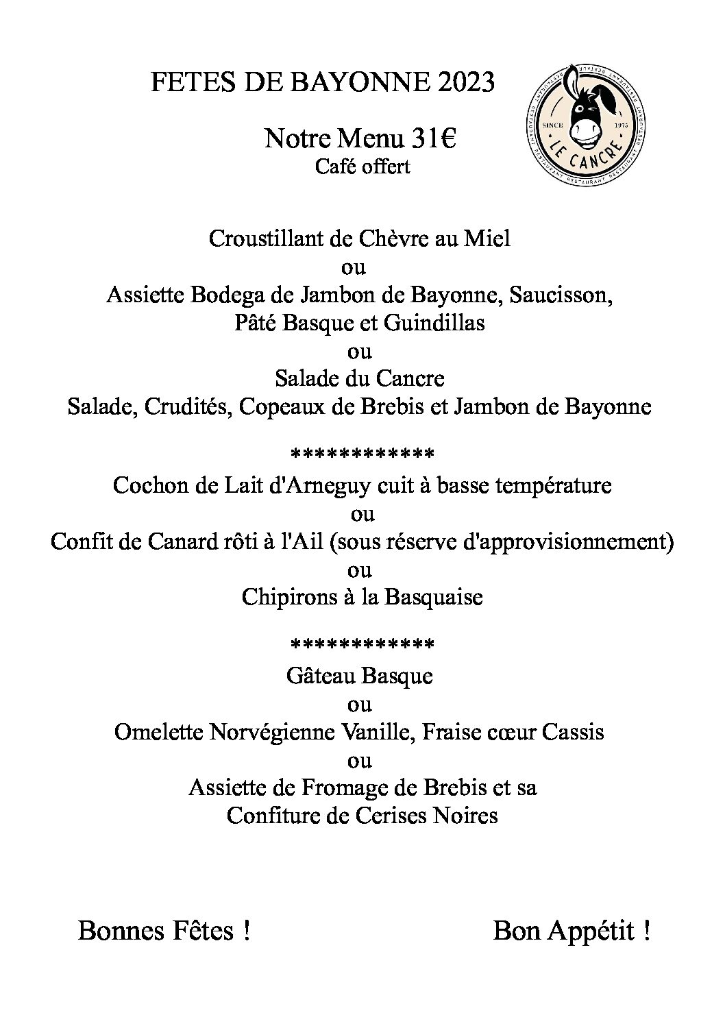 Menu Le Cancre Restaurant Traditionnel à Bayonne centre ville